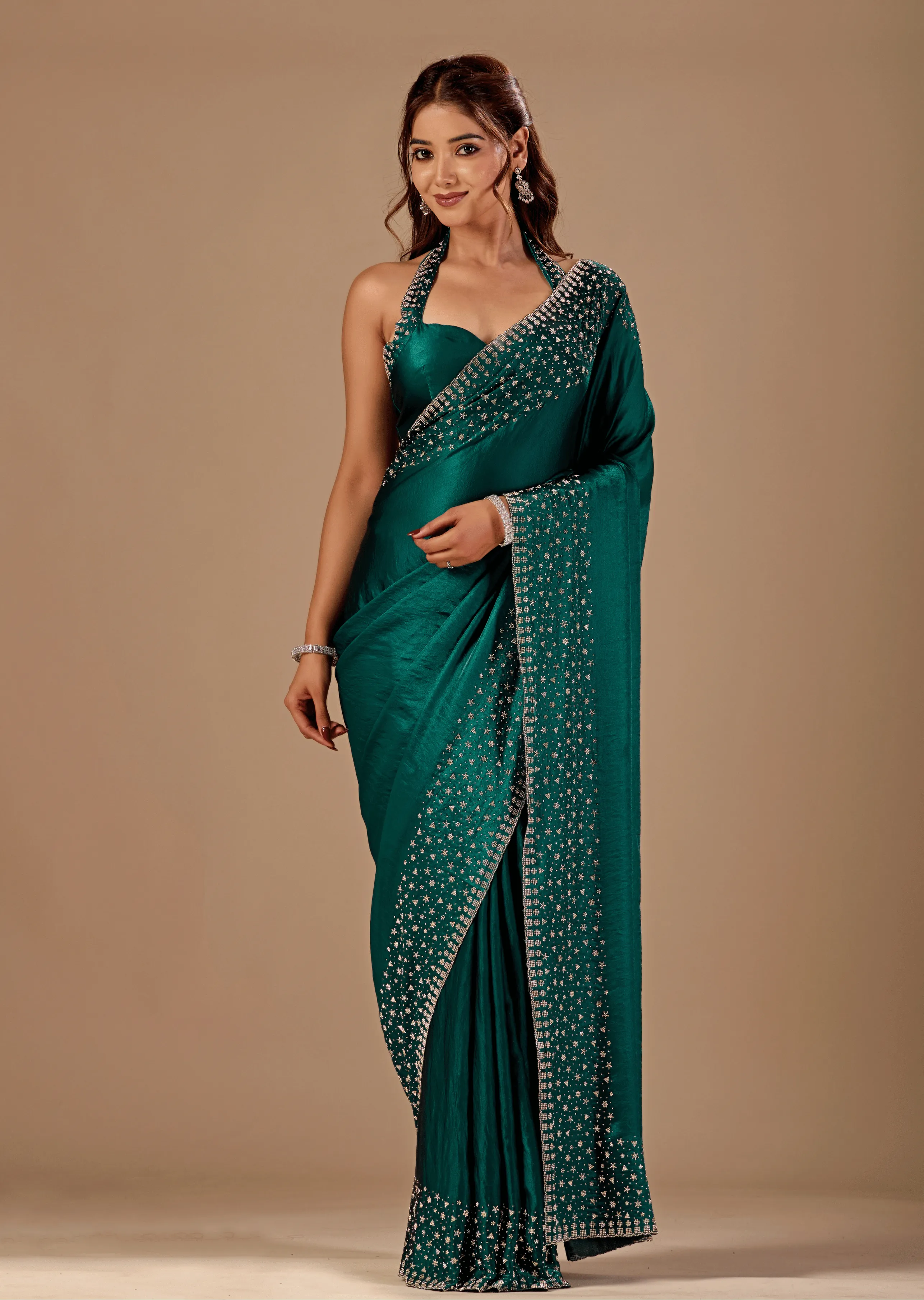 Bottle Green Tissue Silk Saree With Stone Work - Front Look | Buy On Ethnic9