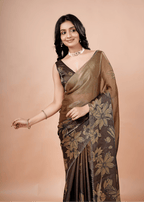 Coffee Brown Organza Silk Saree With Oversized Floral Print