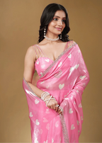 Candy Pink Organza Silk Saree Draped Look - Heart Print Design