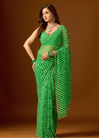 Lime Green Chiffon Saree With Leheriya Print