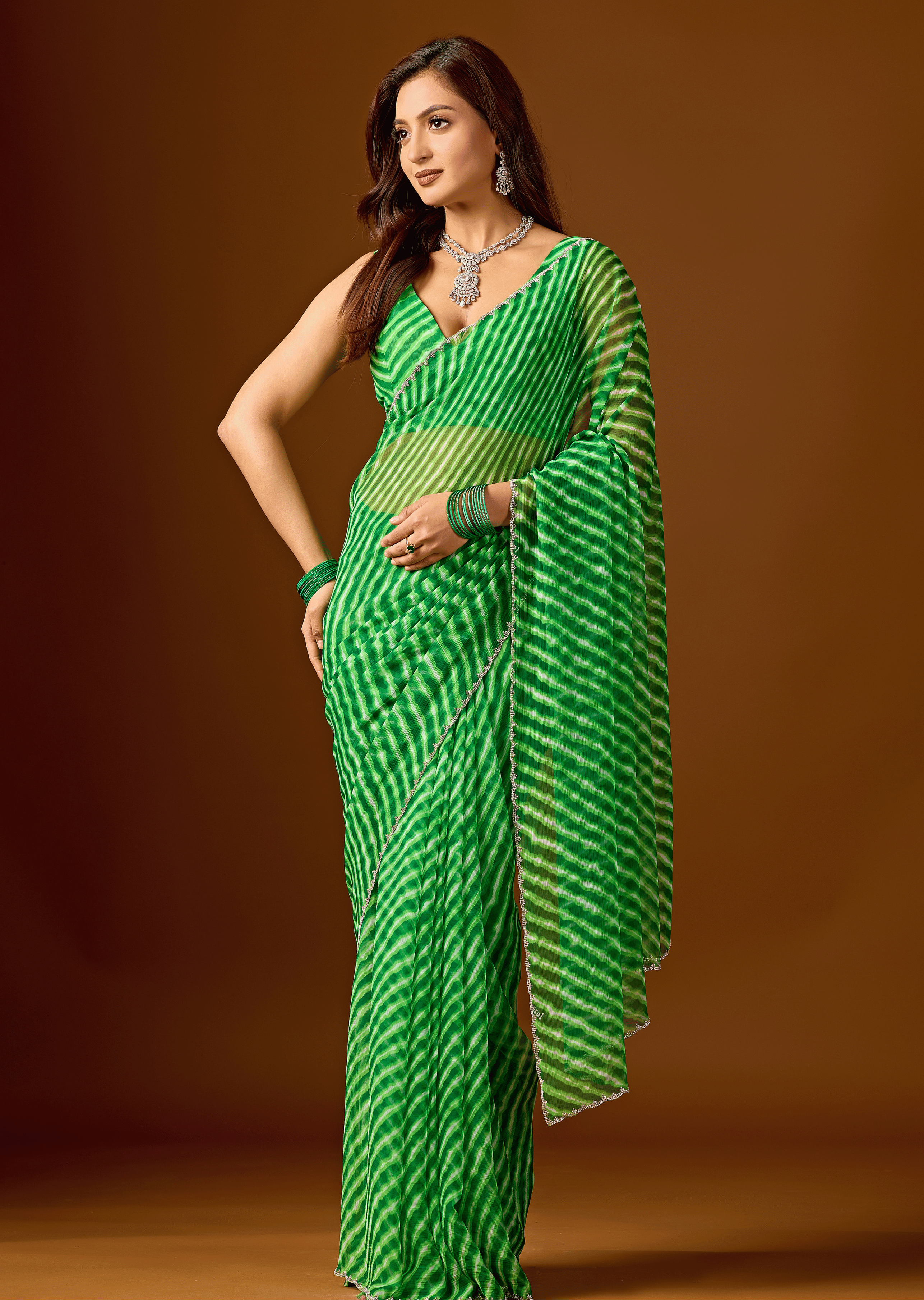 Lime Green Chiffon Saree With Leheriya Print
