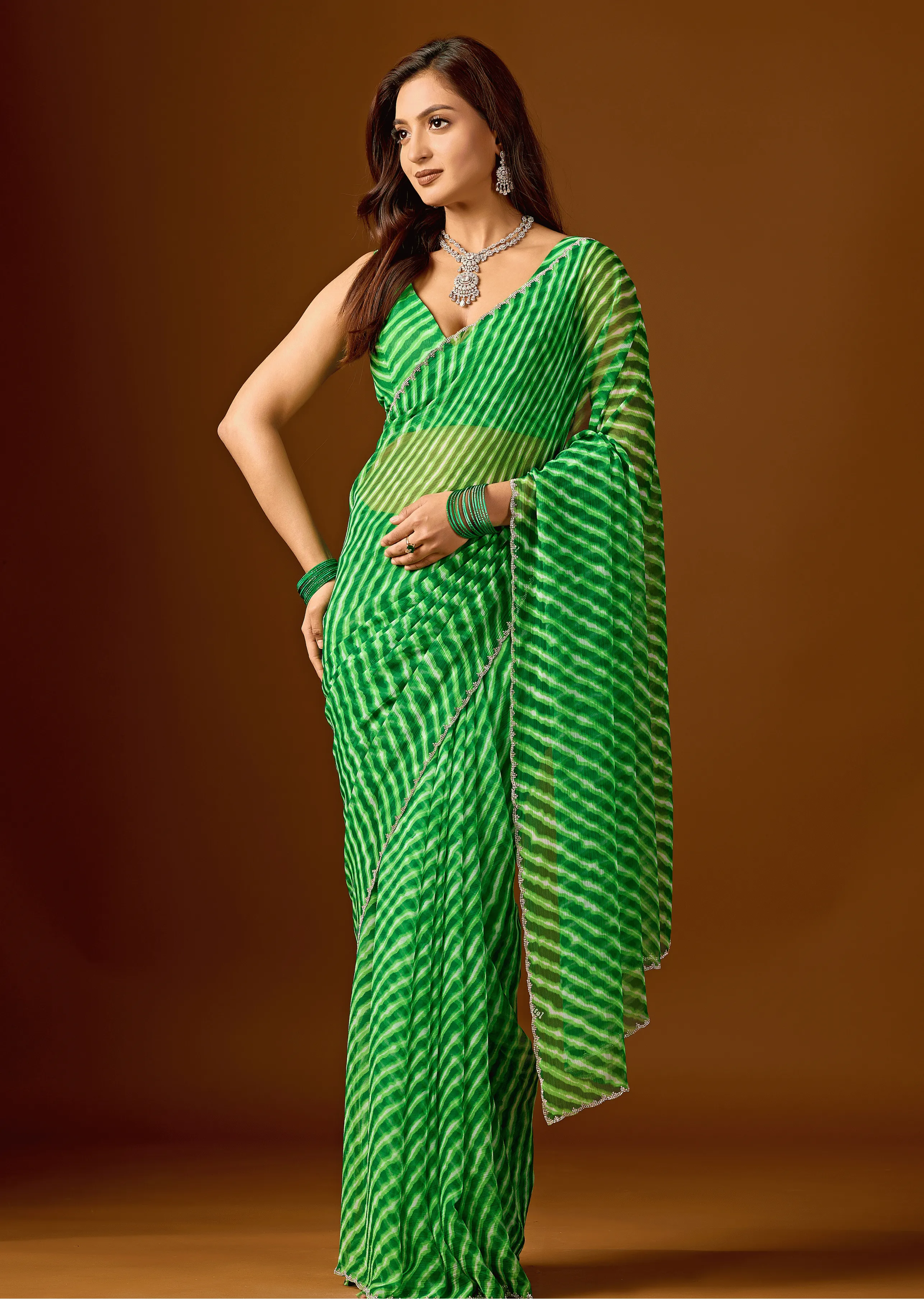Lime Green Chiffon Saree Draped Look - Leheriya Print Design