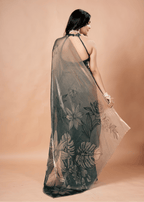 Bottle Green Organza Silk Saree With Foil Botanical Print