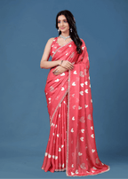 Coral Red Organza Silk Saree With Heart Print