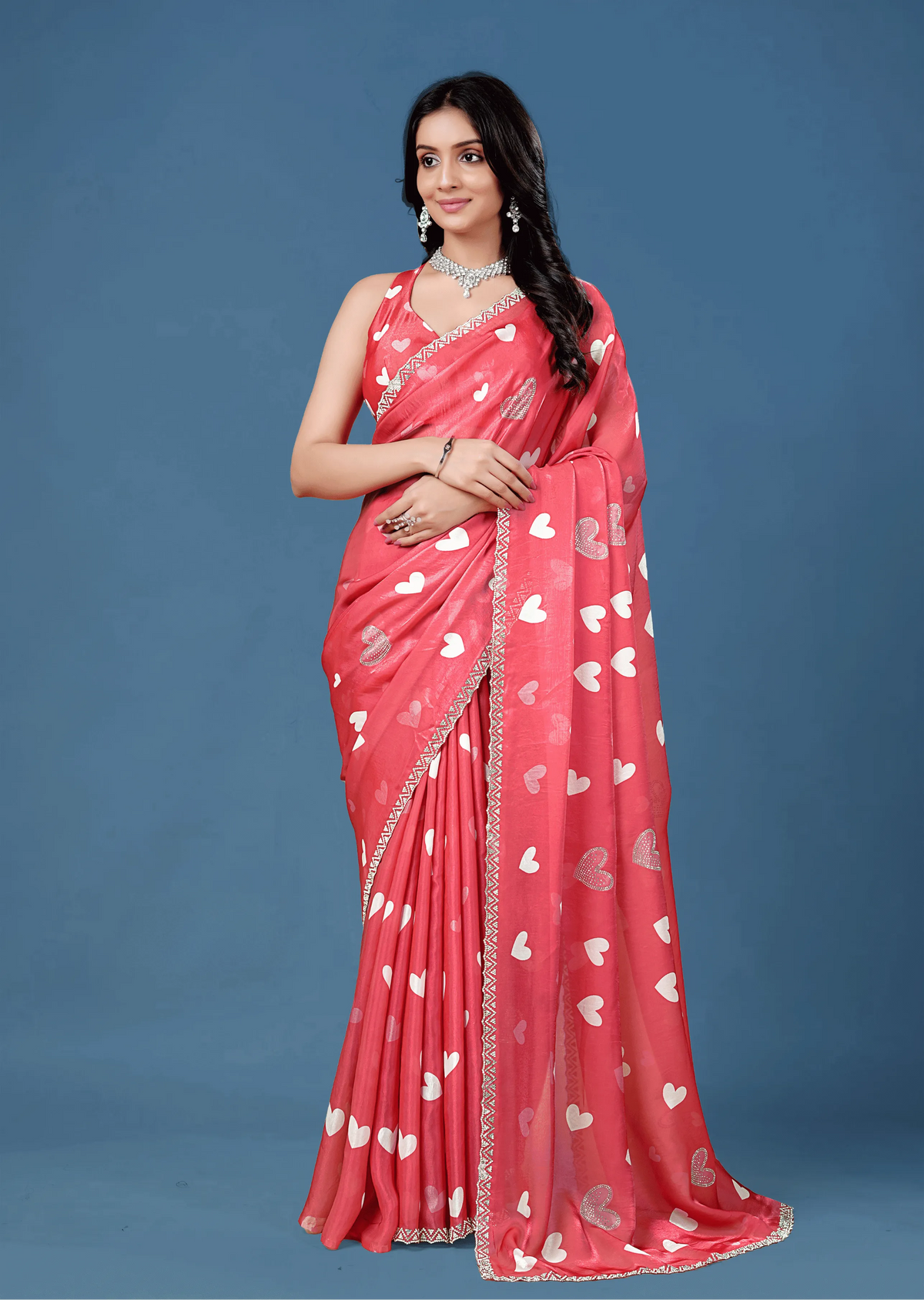 Coral Red Organza Silk Saree With Heart Print - Front Look | Buy On Ethnic9