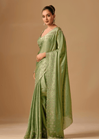 Olive Green Tissue Silk Saree With Stone Embroidery