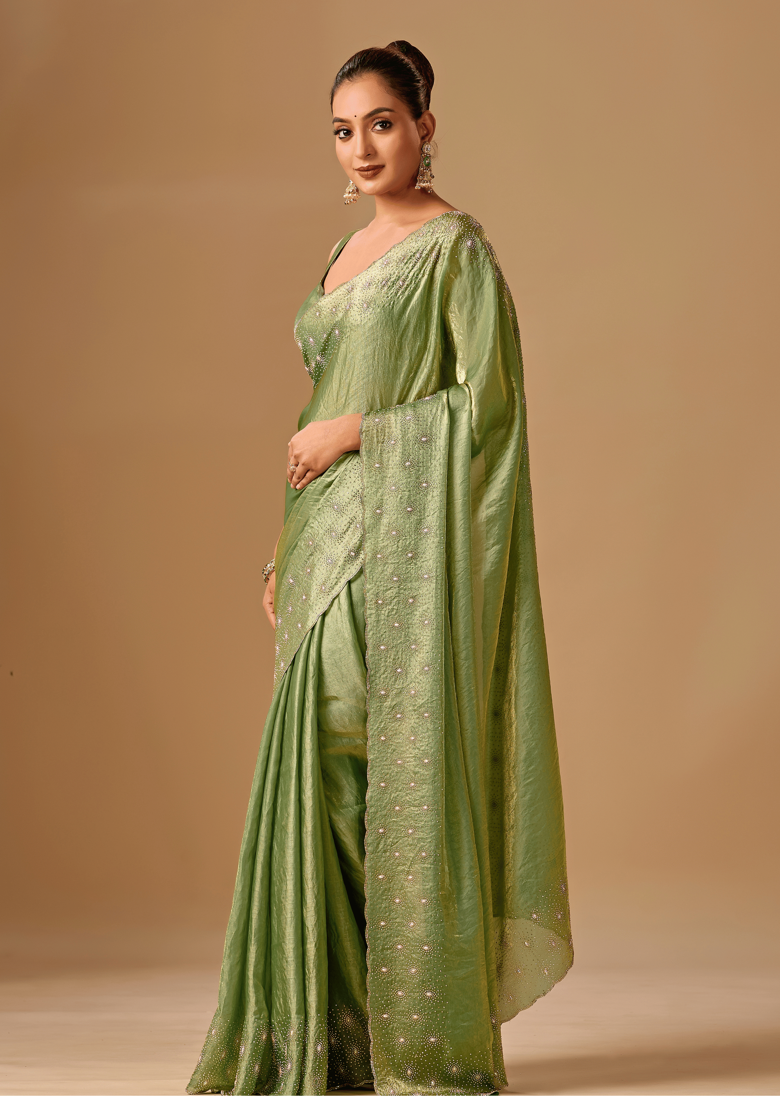 Olive Green Tissue Silk Saree With Stone Embroidery