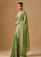 Olive Green Tissue Silk Saree Blouse Close Up - Stone Embroidery Work
