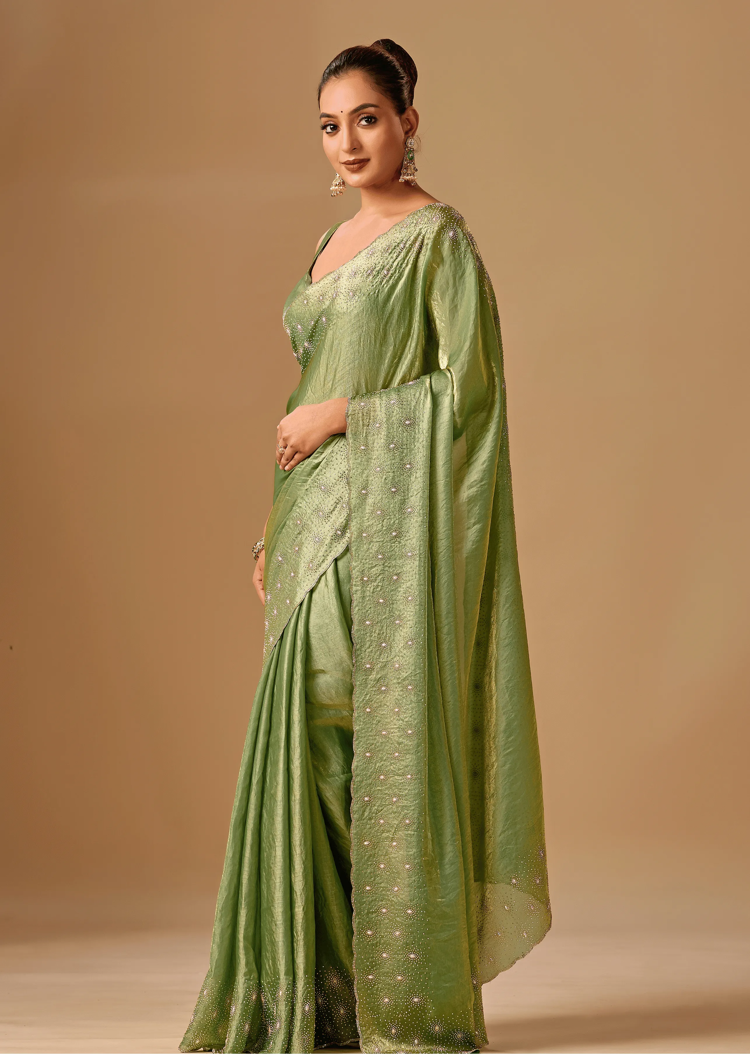 Olive Green Tissue Silk Saree Blouse Close Up - Stone Embroidery Work