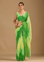 Parrot Green Chiffon Saree With Bandhani Print - Front Look | Buy On Ethnic9
