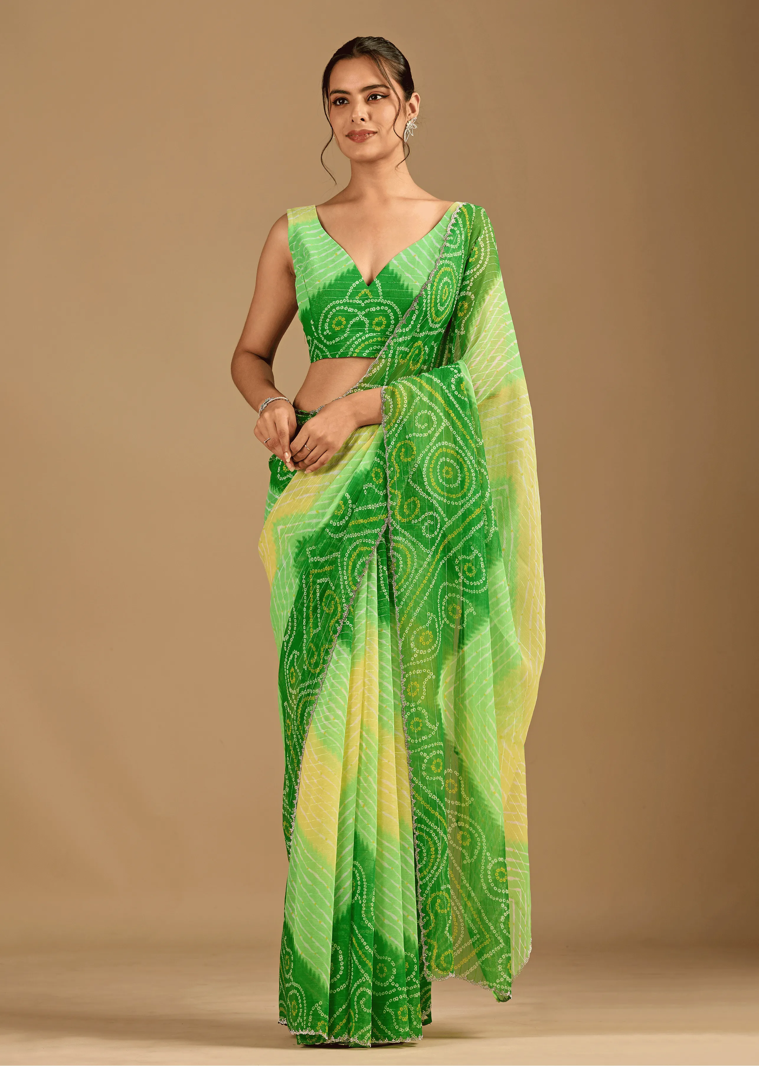 Parrot Green Chiffon Saree With Bandhani Print - Front Look | Buy On Ethnic9