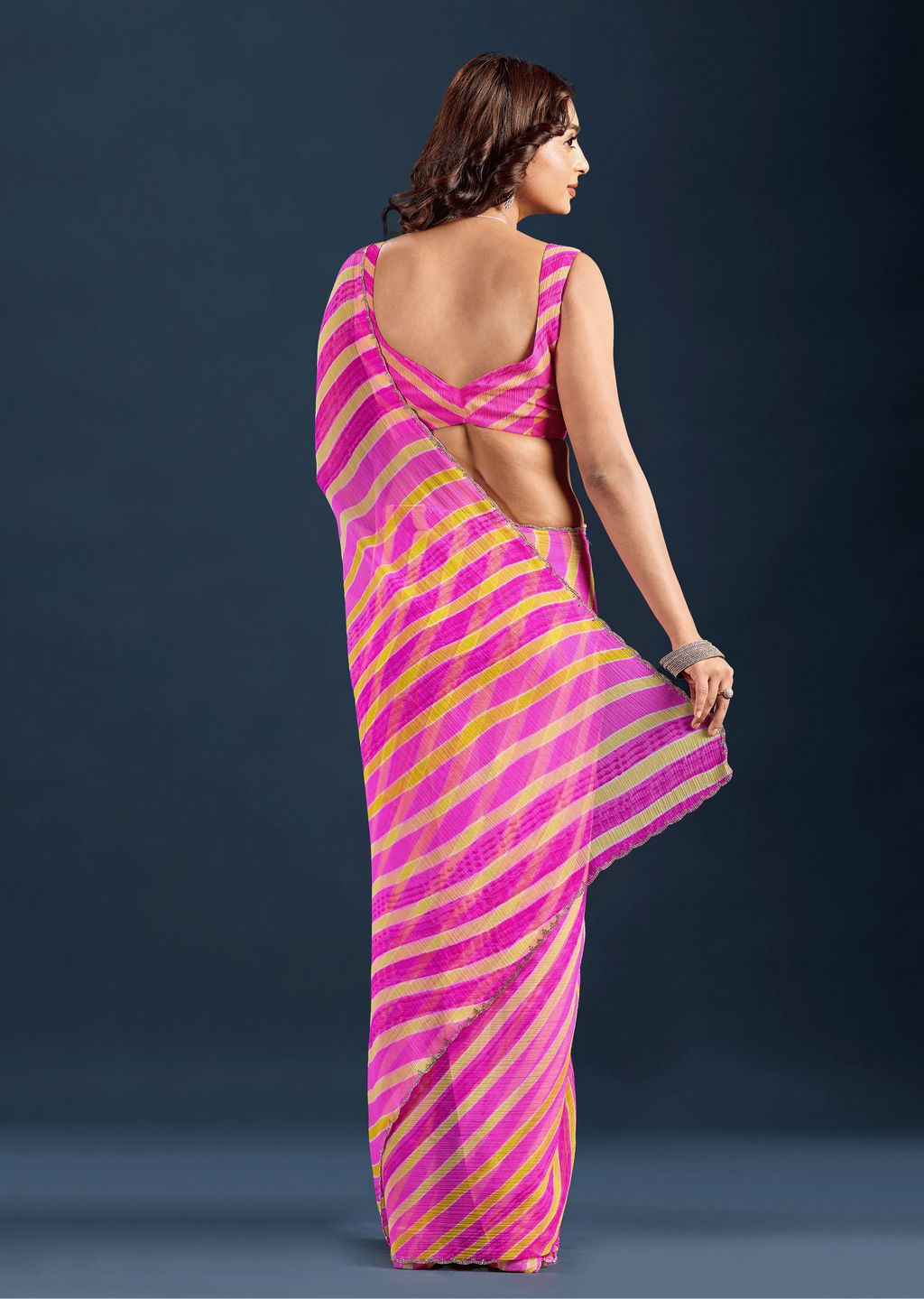  Rani Pink Chiffon Saree Back Pose - Striped Print Detail