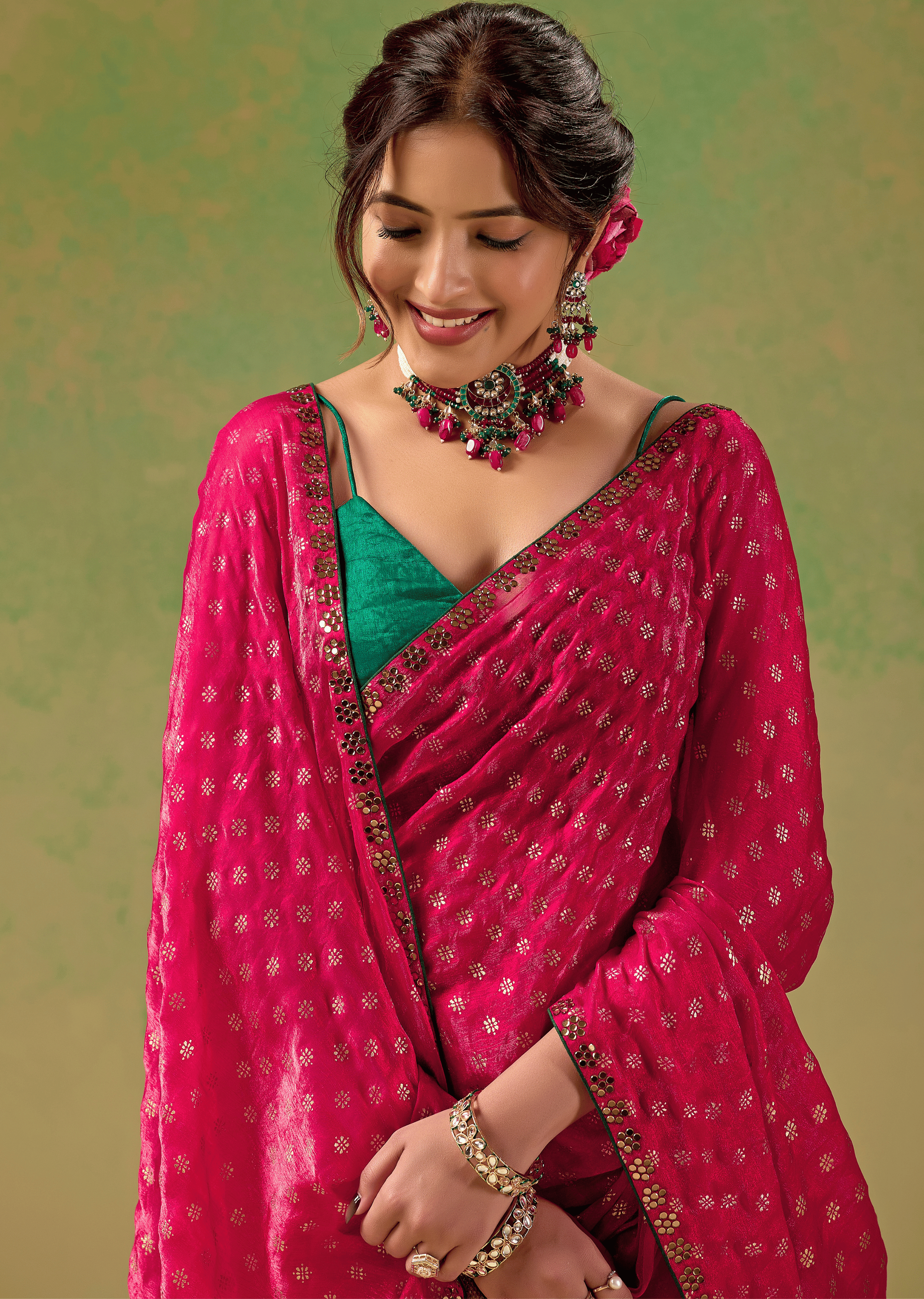 Rani Pink Tissue Silk Saree With Foil Butti Print