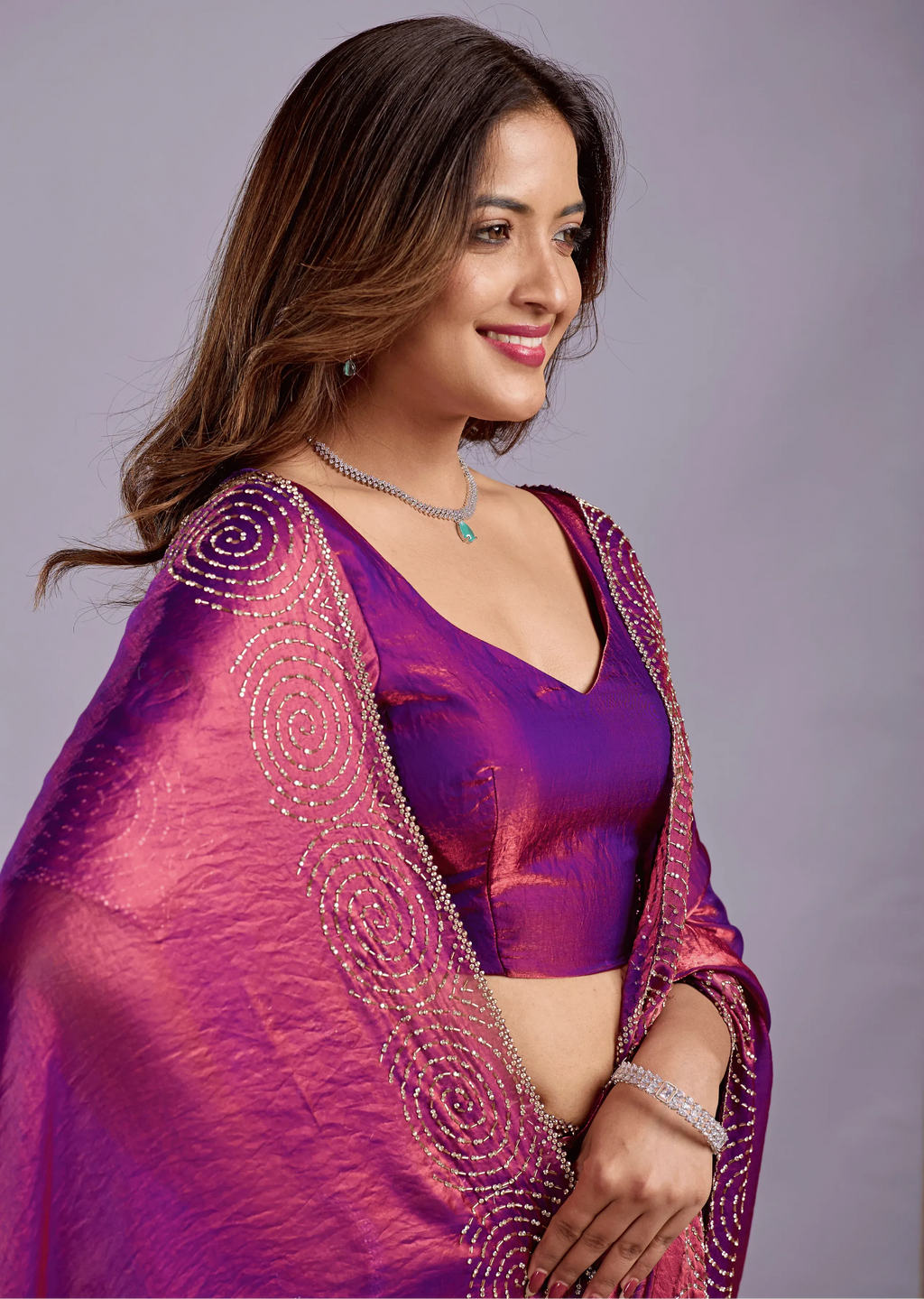 Magenta Tissue Silk Saree With Crystal Spiral Work