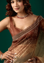 Coffee Brown Organza Saree With Floral Print - Photo 4 | Buy Online Ethnic9