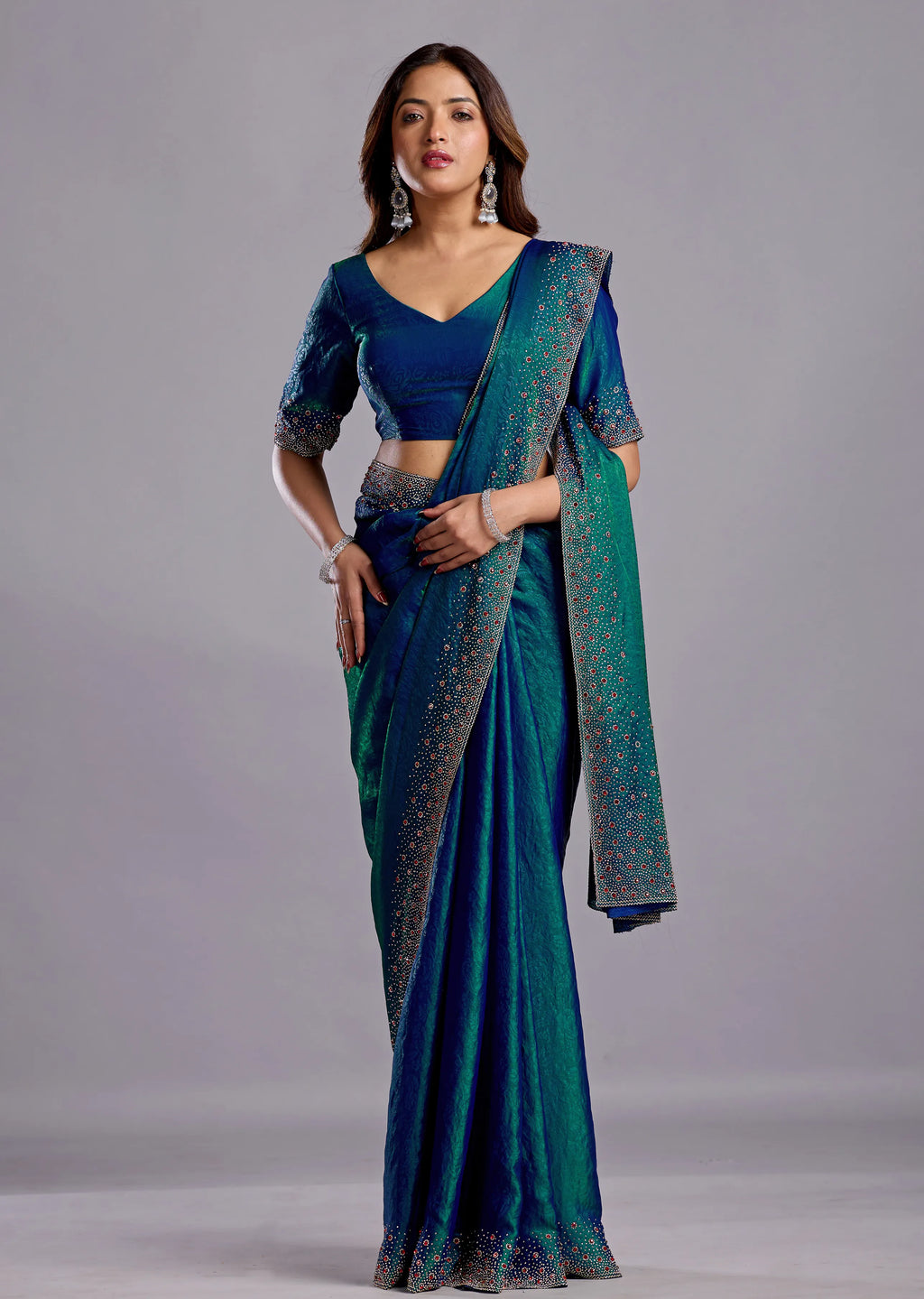  Green Tissue Silk Saree With Crystal Stone Work - Front Look | Buy On Ethnic9
