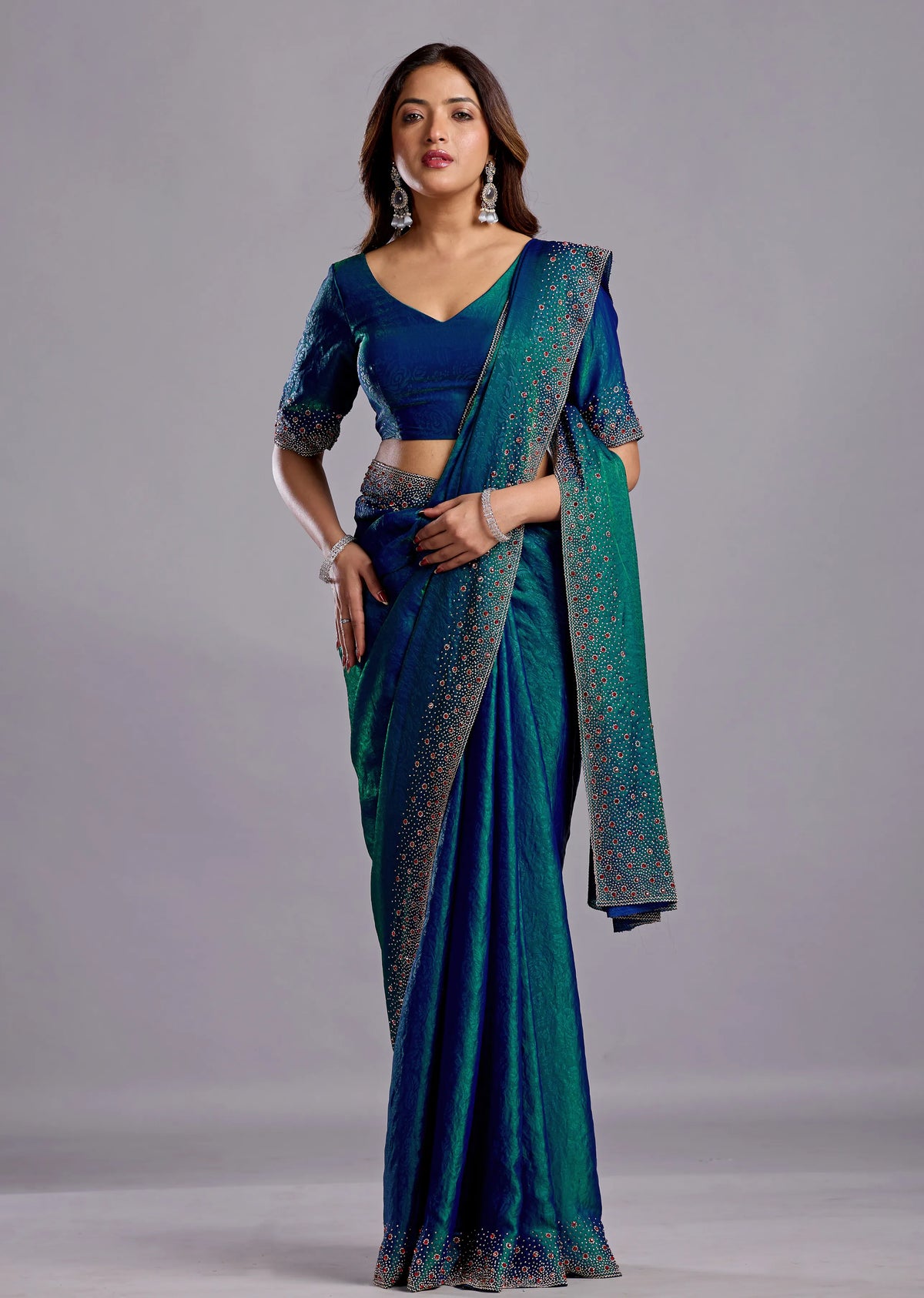  Green Tissue Silk Saree With Crystal Stone Work - Front Look | Buy On Ethnic9
