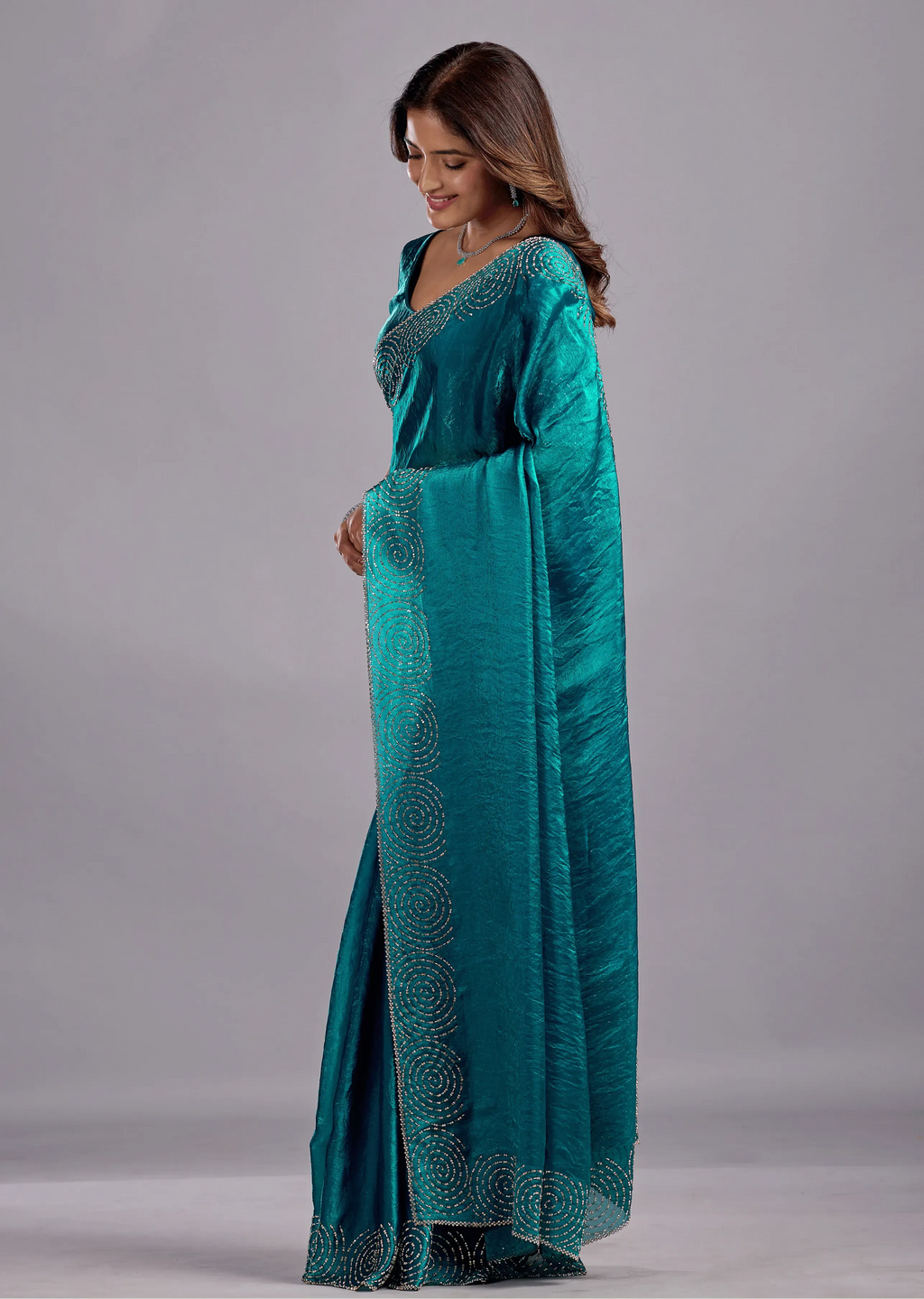 Peacock Teal Tissue Silk Saree With Crystal Spiral Work