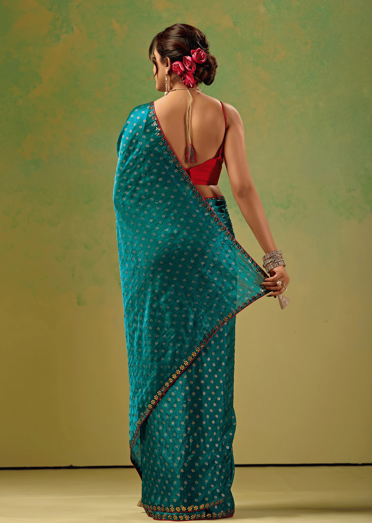 Teal Blue Tissue Silk Saree Back Pose - Foil Butti Print Detail