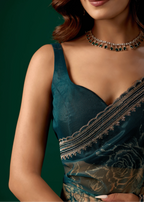 Teal Blue Organza Saree Blouse Close Up - Embellished Border Detail