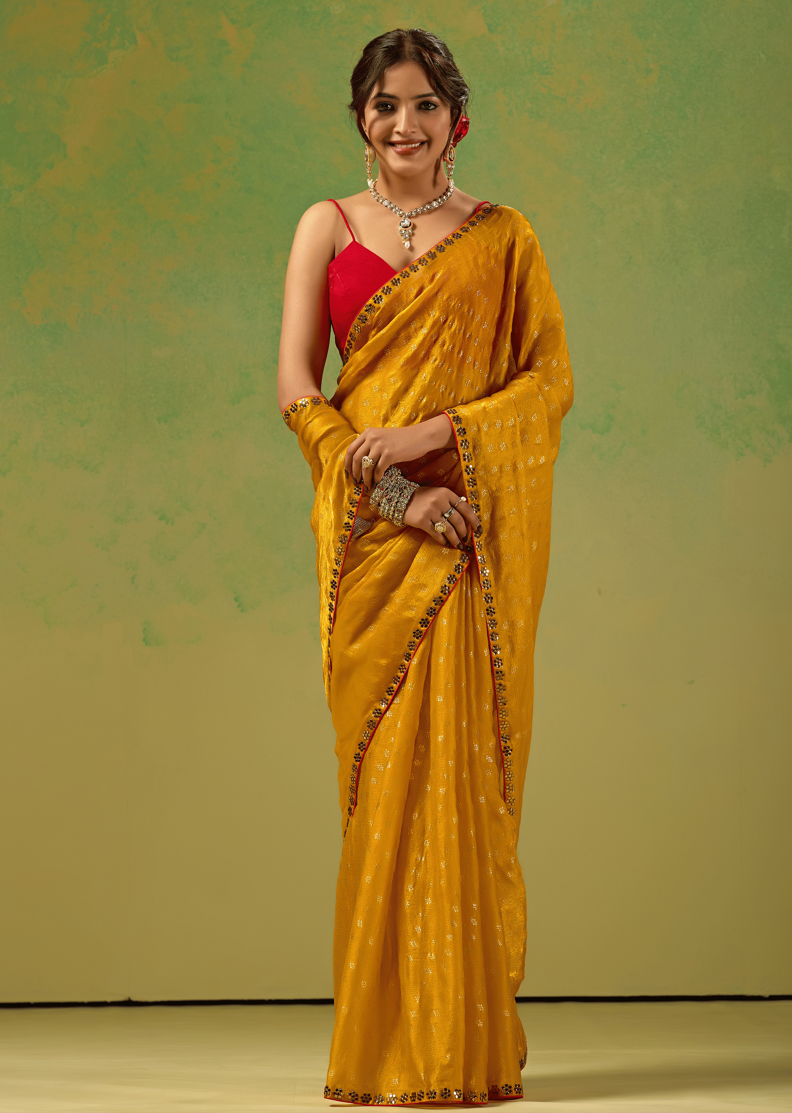 Mustard Yellow Tissue Silk Saree With Foil Butti Print