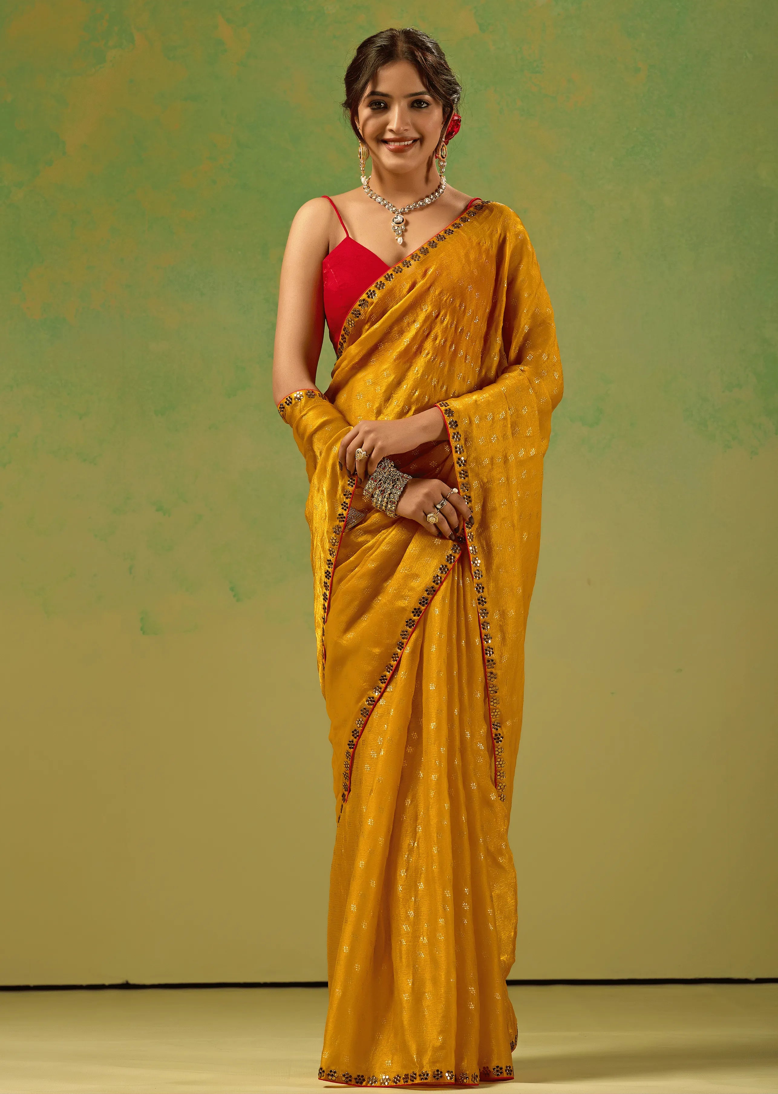 Mustard Yellow Tissue Silk Saree With Foil Butti Print - Front Look | Buy On Ethnic9
