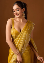 Mustard Yellow Tissue Silk Saree Blouse Close Up - Scalloped Border Detail