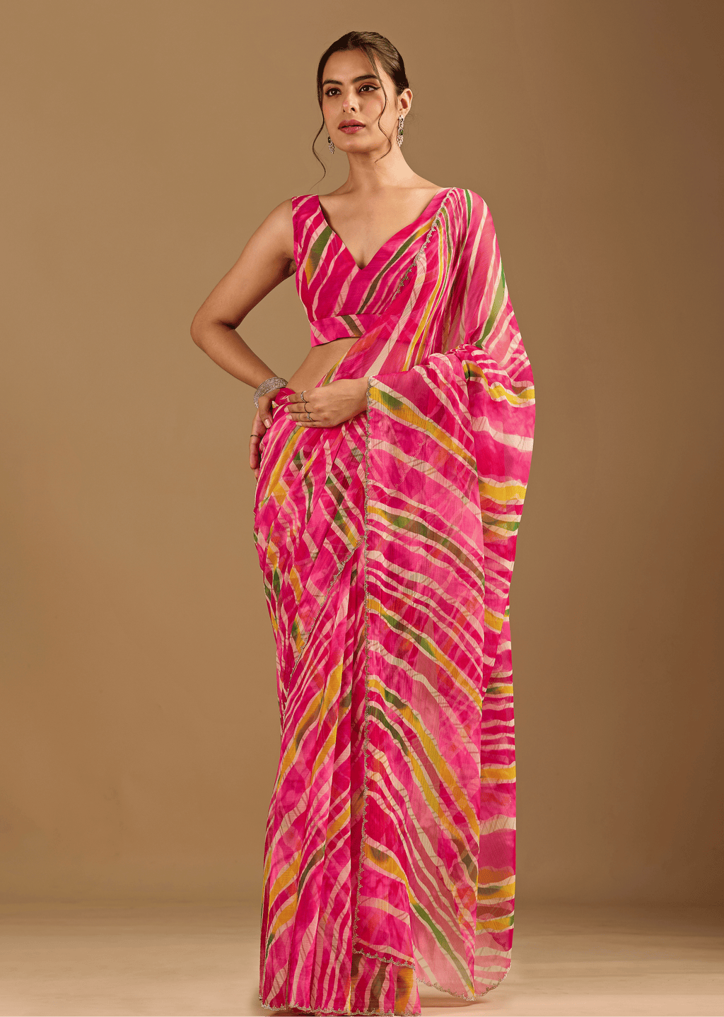Rani Pink Chiffon Saree With Stone Work