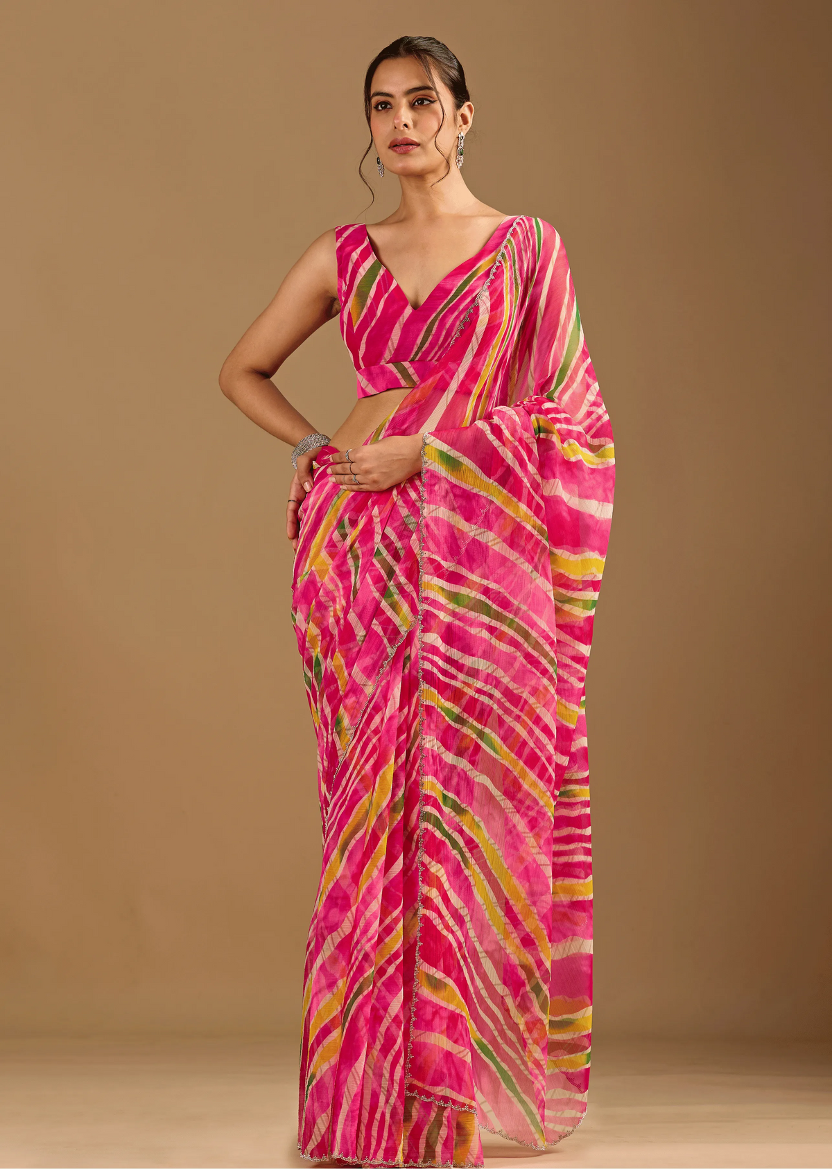  Rani Pink Chiffon Saree With Stone Work - Front Look | Buy On Ethnic9