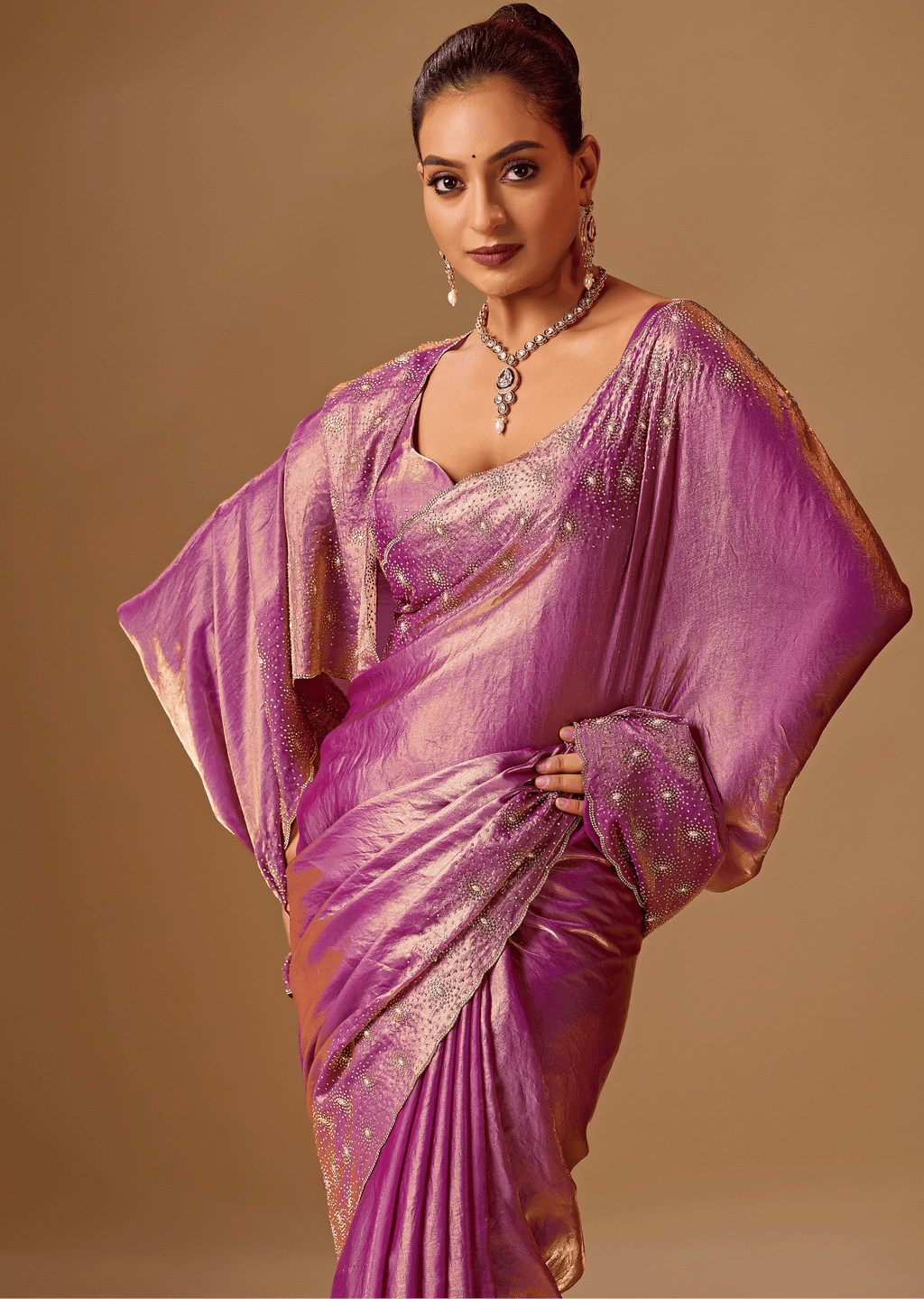 Orchid Purple Tissue Silk Saree With Stone Embroidery