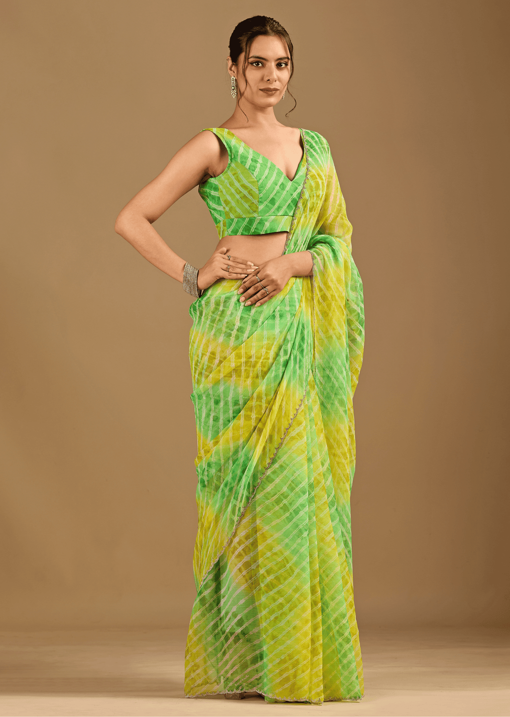 Citrus Green Chiffon Saree With Shibori Tie Dye