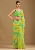Citrus Green Chiffon Saree With Shibori Tie Dye