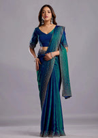 Green Tissue Silk Saree With Crystal Stone Work - Front Look | Buy Online Ethnic9