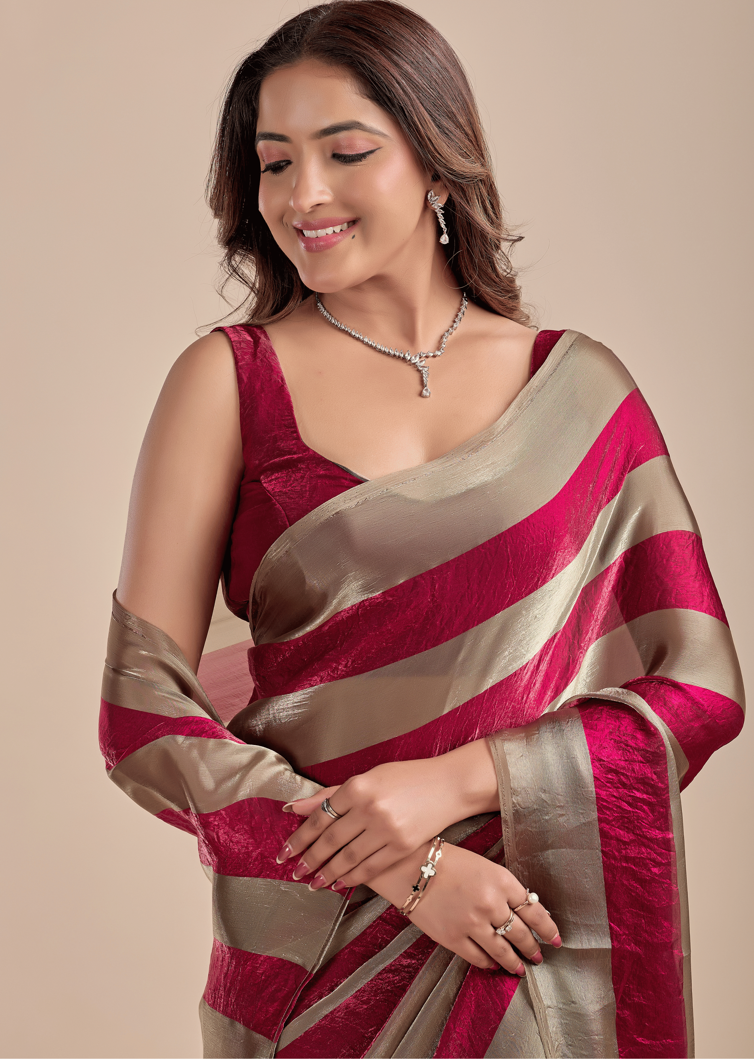 Berry Wine Tissue Silk Saree With Metallic Stripe Weave