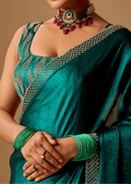 Emerald Green Tissue Silk Saree With Crystal Stone Border