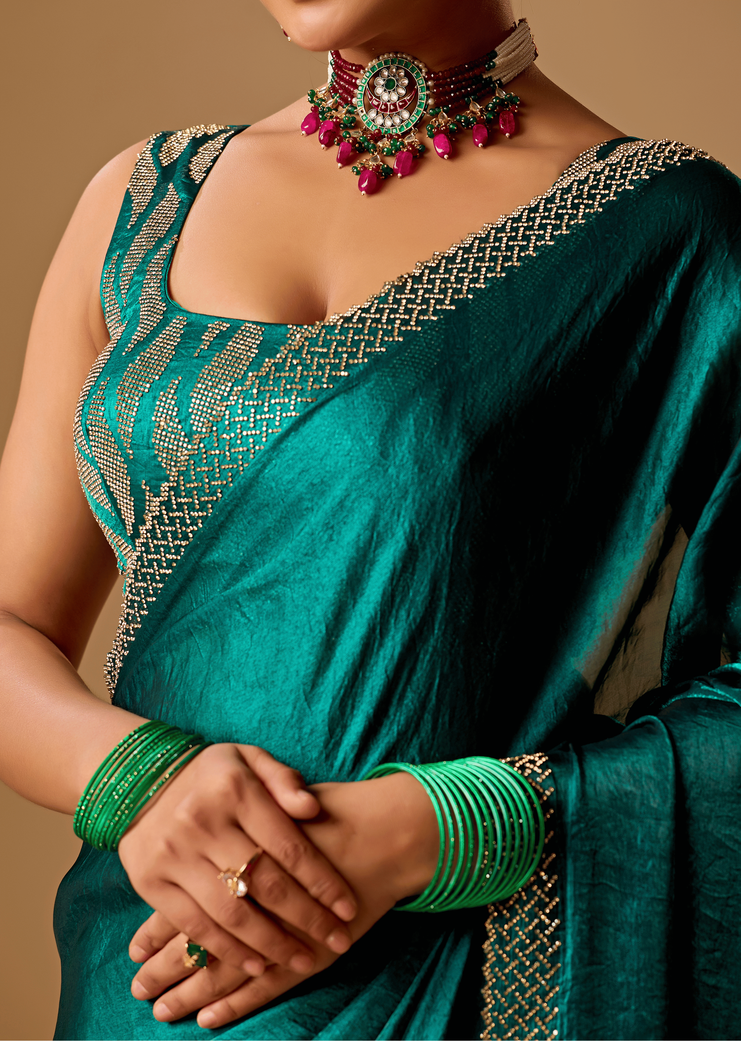 Emerald Green Tissue Silk Saree With Crystal Stone Border