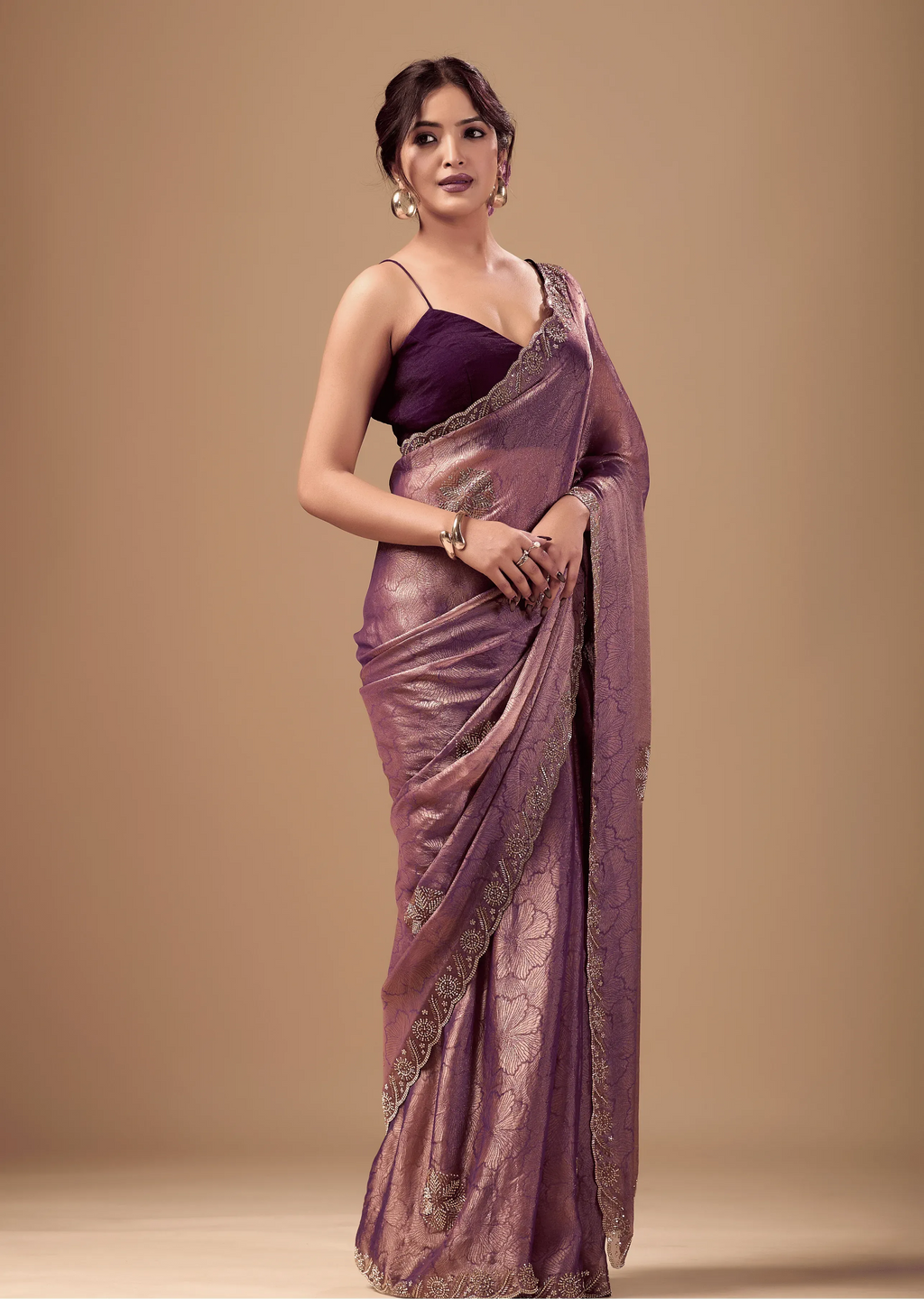 Lavender Mauve Jacquard Saree With Zarkan Stone Border
