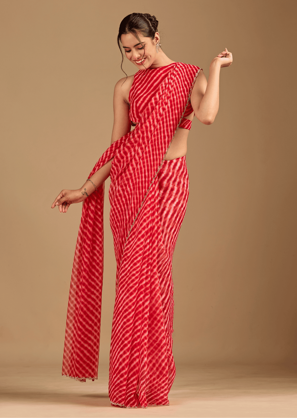 Coral Red Chiffon Saree With Stone Work