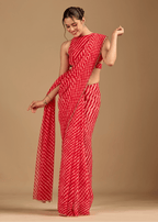 Coral Red Chiffon Saree With Stone Work