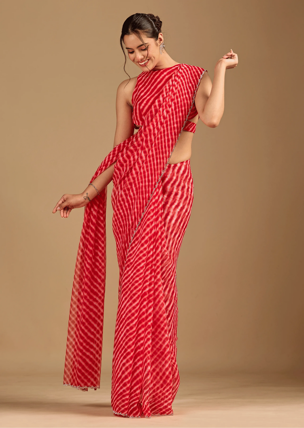 Coral Red Chiffon Saree Draped Look - Leheriya Print Design