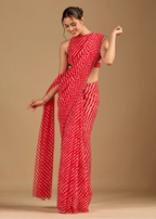  Coral Red Chiffon Saree Draped Look - Leheriya Print Design