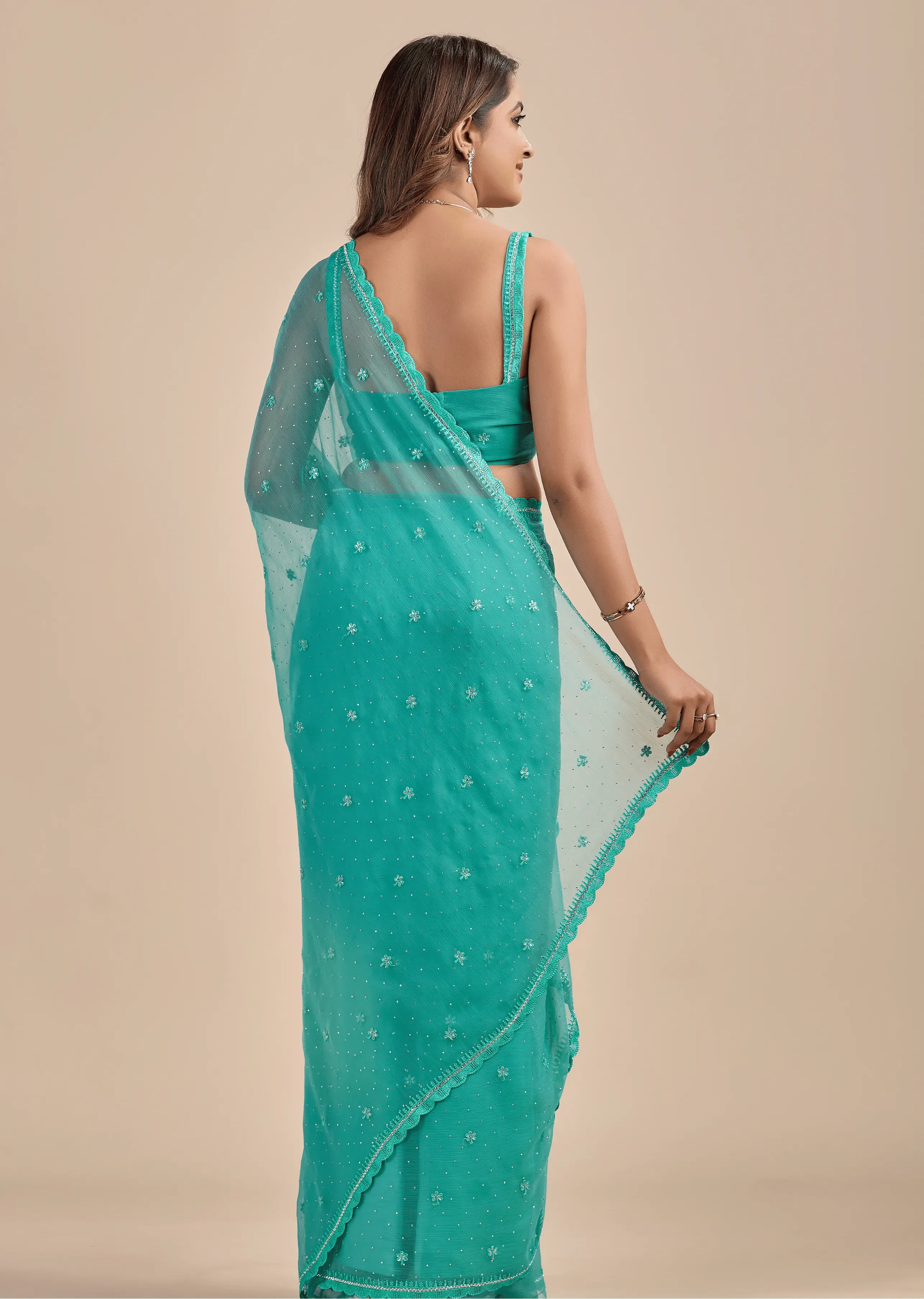 Sea Green Chiffon Saree With Floral Embroidery