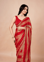Crimson Red Tissue Silk Saree With Metallic Stripe Work