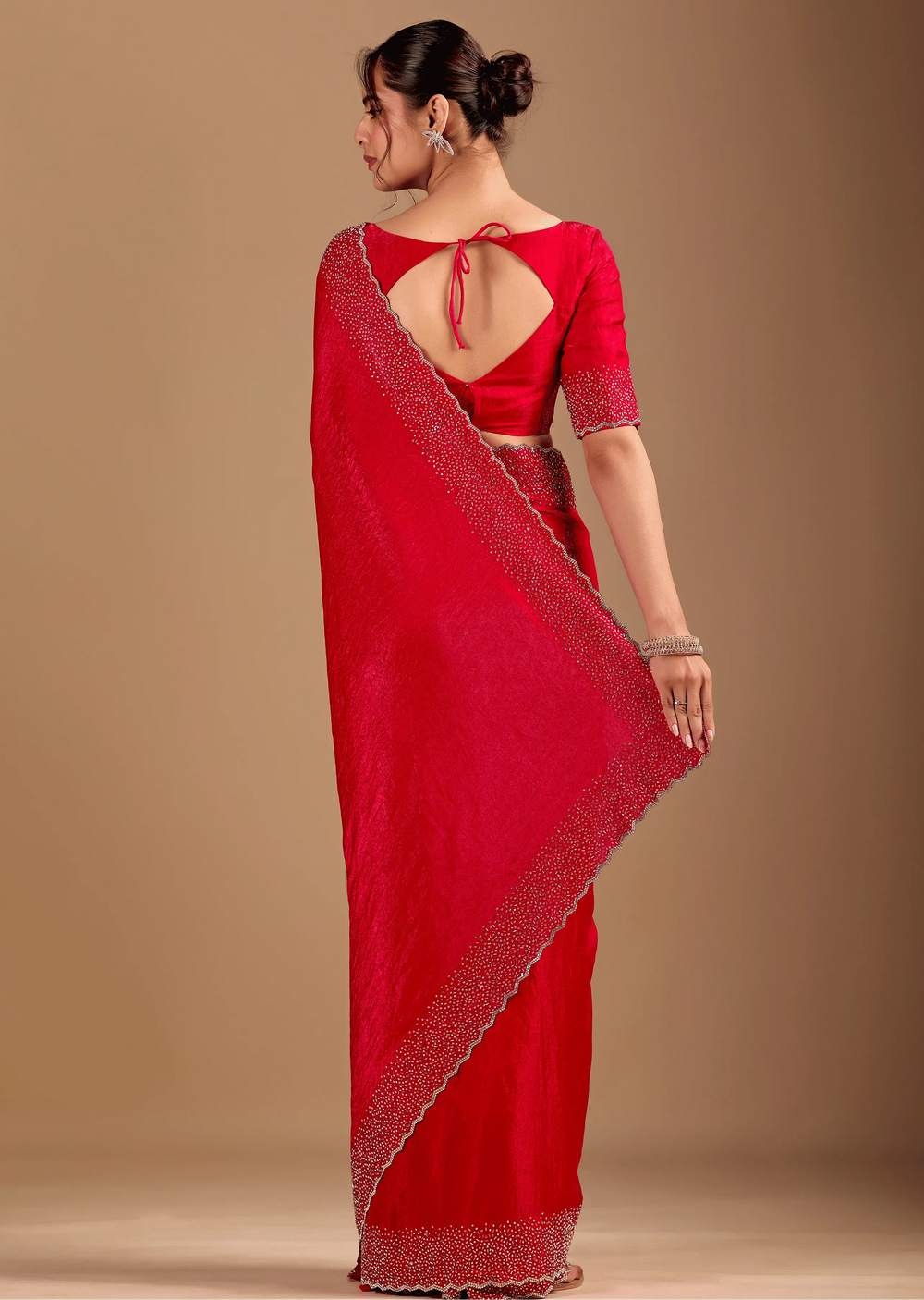 Red Tissue Silk Saree With Stone Work Border - Photo 2 | Buy Online Ethnic9