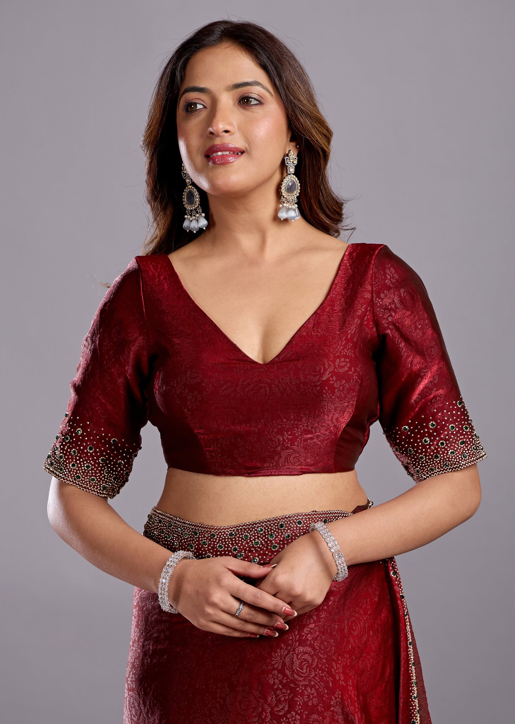 Maroon Tissue Silk Saree With Crystal Stone Work