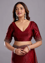  Maroon Tissue Silk Saree Blouse Close Up - Crystal Stone Detailing