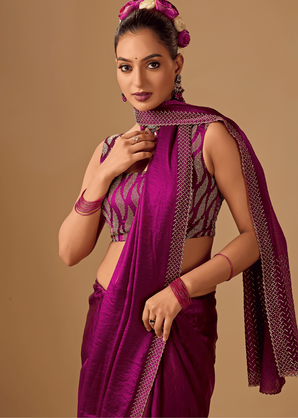 Magenta Purple Tissue Silk Saree With Crystal Stone Border