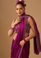 Magenta Purple Tissue Silk Saree With Crystal Stone Border