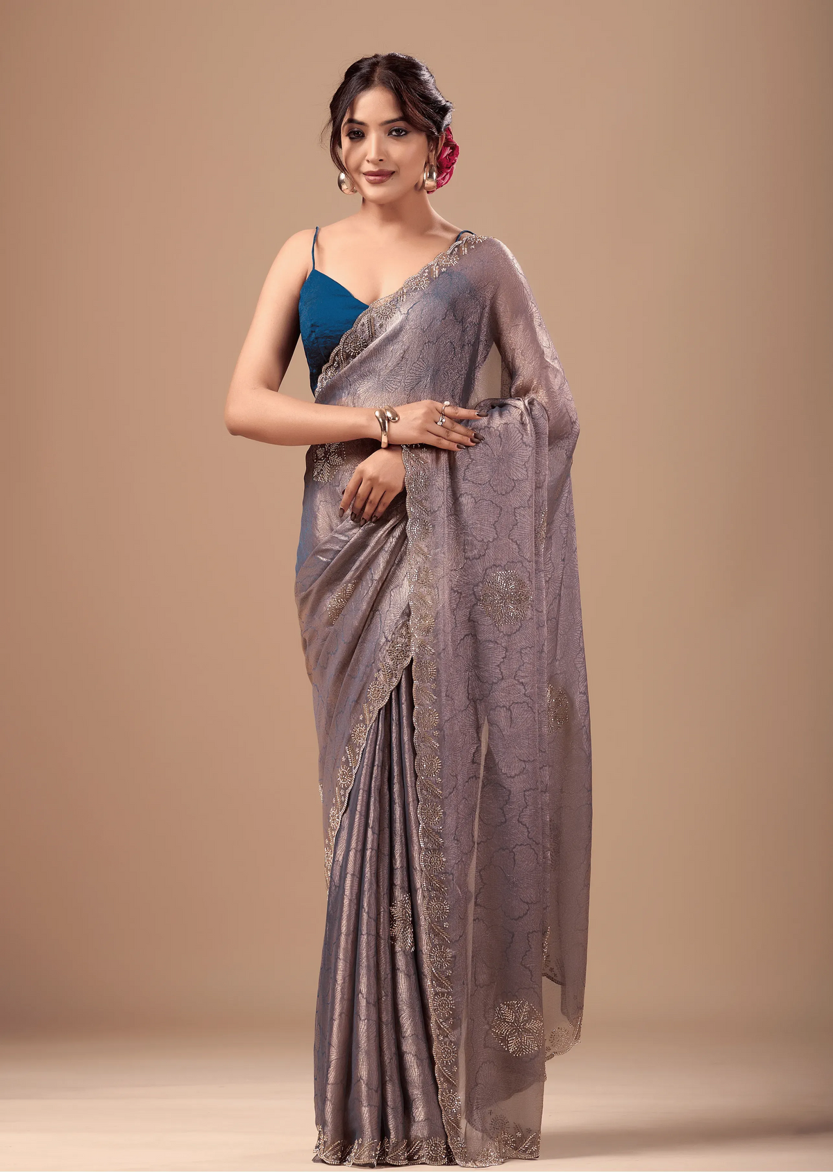 Dusty Mauve Jacquard Saree With Cutdana Stone Work