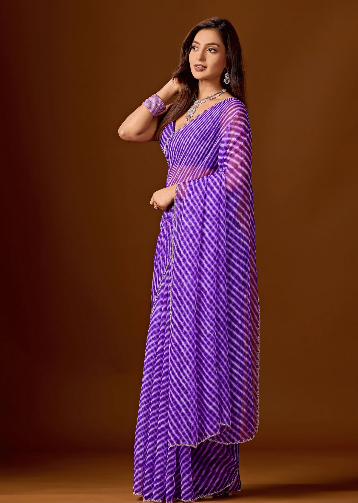 Royal Purple Chiffon Saree Blouse Close Up - Stone Work Detailing